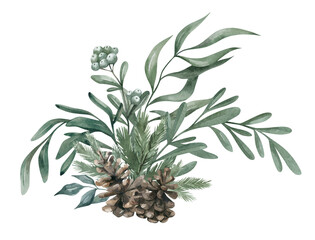 Watercolor composition with green winter leaves, branches, berries, eucalyptus, pine cone. Christmas bouquet isolated on white background. Aesthetic illustration for wedding, business card, promotions