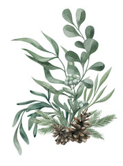 Watercolor composition with green winter leaves, branches, berries, eucalyptus, pine cone. Christmas bouquet isolated on white background. Aesthetic illustration for wedding, business card, promotions