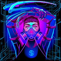 A series of neon Horoscope signs, in the style of cyberpunk. Zodiac Sign: Cancer