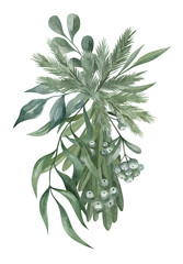 Watercolor composition with green winter leaves, branches, berries, eucalyptus, pine cone. Christmas bouquet isolated on white background. Aesthetic illustration for wedding, business card, promotions