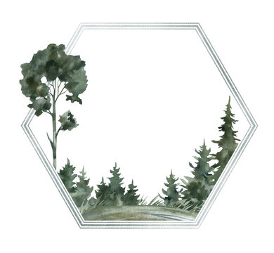 Watercolor silver Frame with nature landscape, green coniferous spruce trees. Winter evergreen fir, oak for wedding and birthday invitation, greeting card. Wreath with nature elements.