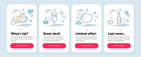 Set of Food and drink icons, such as Macadamia nut, Mint tea, Ice cream symbols. Mobile screen app banners. Beer line icons. Vegetarian food, Mentha beverage, Sundae stick. Pub alcohol. Vector