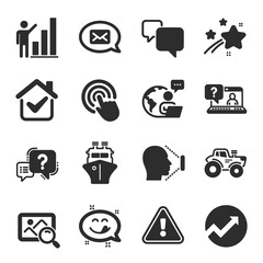 Set of Technology icons, such as Messenger, Graph chart, Yummy smile symbols. Ship, Click, Question mark signs. Face id, Speech bubble, Search photo. Audit, Faq, Tractor flat icons. Vector