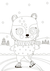 Black and white coloring page A4. A cute little teddy bear is ice skating in the forest. Cartoon illustration for children. Winter design. Vector.