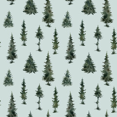 Watercolor seamless pattern with winter trees. Spruce, pine, fir,  Christmas tree. Nature background. Forest landscape.