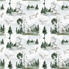 Wallpaper murals Forest Watercolor seamless pattern with wildlife winter landscape, white deer, snowy owl, spruce, birch tree. Wildlife nature elements, animals, trees for children's textile, wallpaper, covers