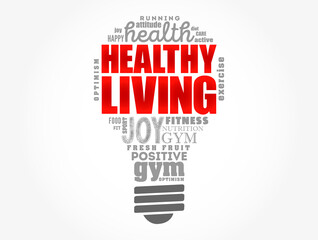 Healthy Living light bulb word cloud, health concept background