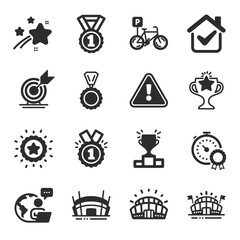 Set of Sports icons, such as Target goal, Sports stadium, Arena stadium symbols. Best result, Bicycle parking, Medal signs. Best rank, Victory, Sports arena. Winner star, Winner podium. Vector