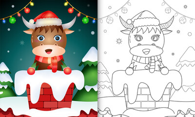 coloring for kids with a cute buffalo using santa hat and scarf in chimney