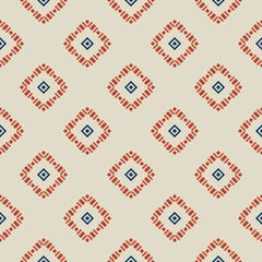 Geometric square texture. Vector seamless pattern with rhombuses, diamonds, squares, grid, tiles. Elegant geo background. Red, blue and beige color. Repeat design for decor, wallpaper, fabric, cloth