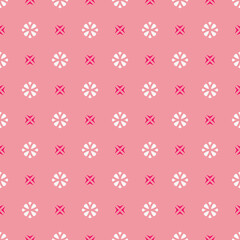 Vector geometric floral ornament. Simple minimalist seamless pattern. Ornamental texture with small flower shapes. Pink, magenta and white color. Subtle abstract background. Repeat design for decor