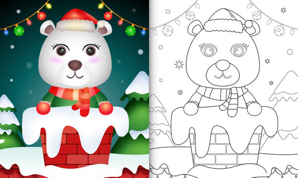 coloring for kids with a cute polar bear using santa hat and scarf in chimney