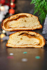 christmas baked cake sweet dessert pastry biscuit cookie home festive table setting holiday party new year gift tasty top view copy space food background rustic