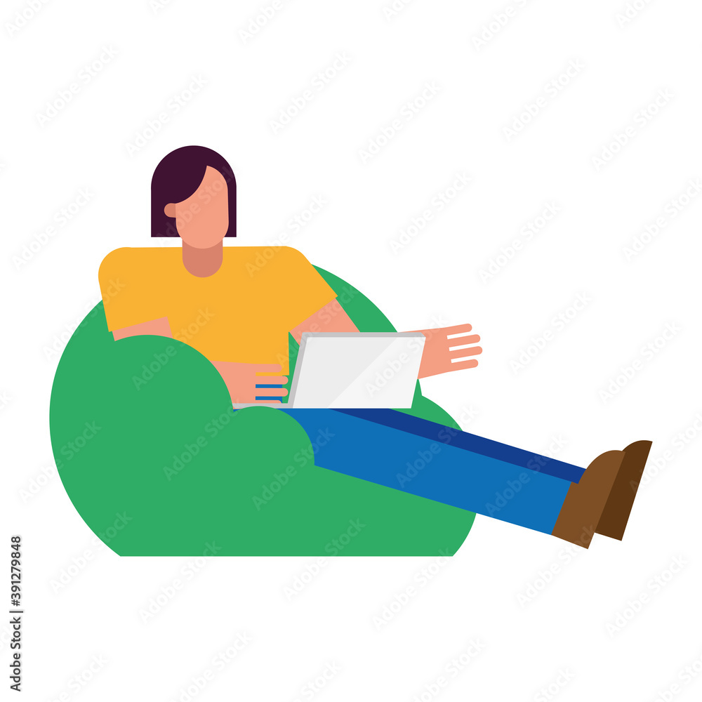 Poster man with laptop on puf working from home vector design