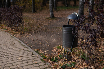 Trash bin in the park, trash bin made of metal in green grass in open nature on the background of birch, in the afternoon in sunny weather concept of comparison