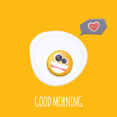Obraz premium vector funny cartoon fried egg character isolated on orange background. funky smiling morning food fried egg. Good morning concept