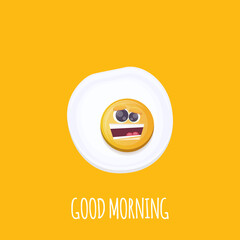 vector funny cartoon fried egg character isolated on orange background. funky smiling morning food fried egg. Good morning concept