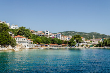 Fototapeta na wymiar Evia island, Greece - June 28. 2020: Panorama of the tourist island of Skiathos in Greece 