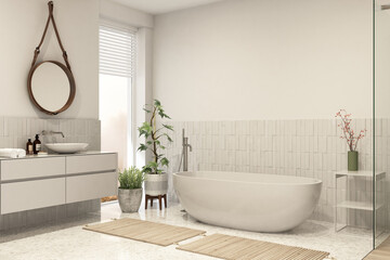 Naklejka na ściany i meble Modern bathroom interior with wooden decor in eco style 