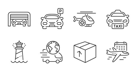 Lighthouse, Delivery service and Select flight line icons set. Parking, Parking garage and Taxi signs. Package, Medical helicopter symbols. Quality line icons. Lighthouse badge. Vector