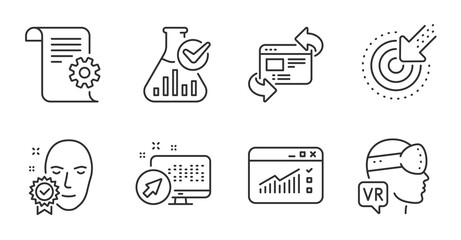 Web traffic, Targeting and Refresh website line icons set. Augmented reality, Chemistry lab and Face verified signs. Technical documentation, Web system symbols. Quality line icons. Vector