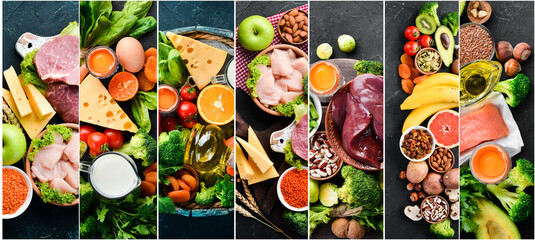 Photo collage. Healthy food: vegetables, fruits, meat and fish on a black stone background. Top...