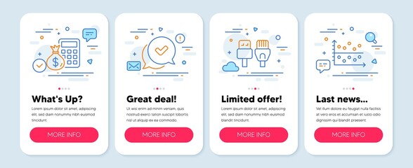Set of Business icons, such as Approved, Computer cables, Finance calculator symbols. Mobile screen banners. Dot plot line icons. Chat message, Rj45 internet, Calculate money. Vector
