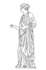 An ancient Greek young woman in a tunic and cape stands looks away and gestures. Figure isolated on white background.