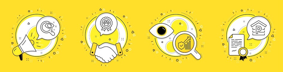 Vision test, Dog competition and Security statistics line icons set. Megaphone, licence and deal vector icons. Parking sign. Eyesight check, Winner award, Cyber protection. Garage. Vector