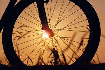 Close-up silhouette of a bike wheel at sunset. The sun shines through the wheel of a bicycle, selective focus