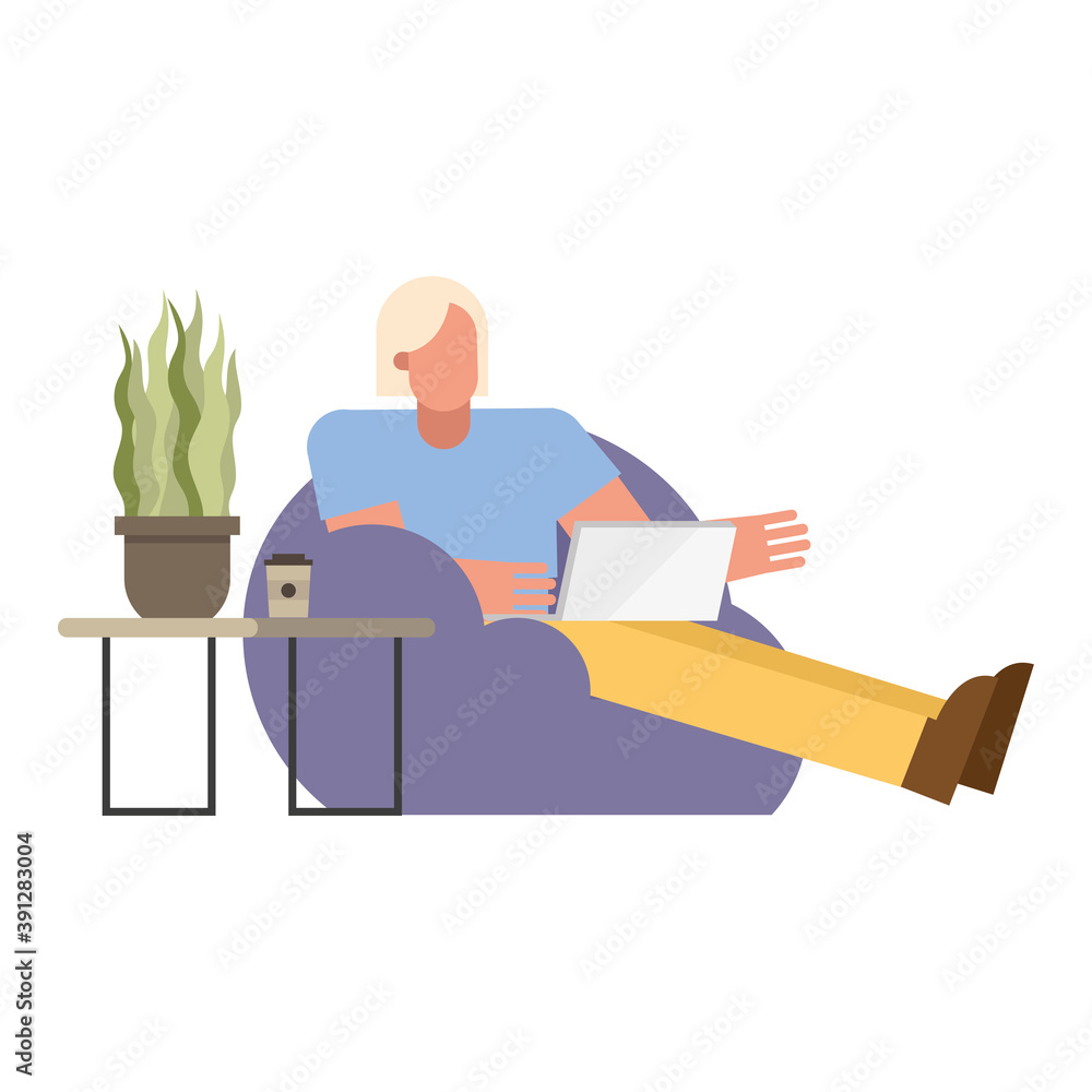 Poster man with laptop on puf working from home vector design
