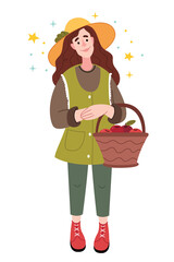Fototapeta na wymiar Farmer girl holding a basket with apples. Fabulous plot. Harvest concept. Illustration for children's book. Simple illustration.