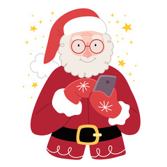 Cheerful Santa Claus looks at the phone.Concept of New Year's gifts online. Flat vector illustration.