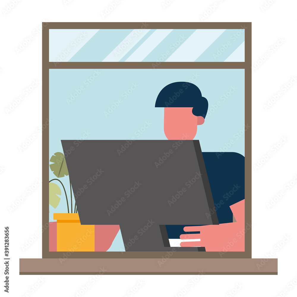 Aufkleber man with computer working from home window vector design