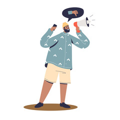 Protesting activist with loudspeaker and dislike sign at demonstration or protest event