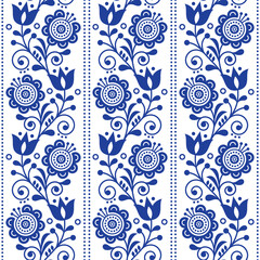 Scandinavian ethnic seamless folk art vector pattern with flowers and hearts, Nordic vertical ornament design - obrazy, fototapety, plakaty