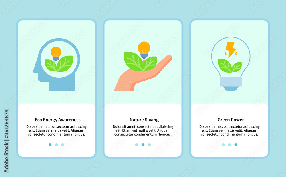Poster eco energy awareness nature saving green power onboarding for mobile app template ui web with flat s