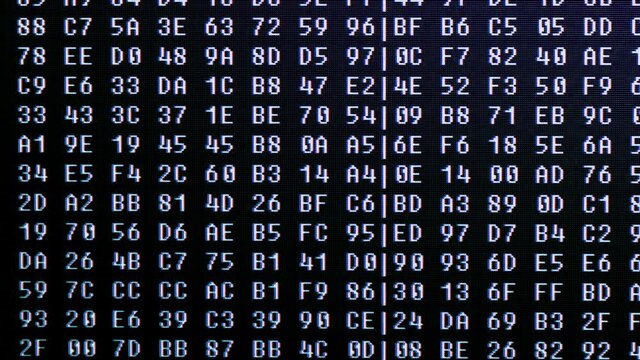 Copmuter code scrolling randomly on dark screen in hexadecimal format