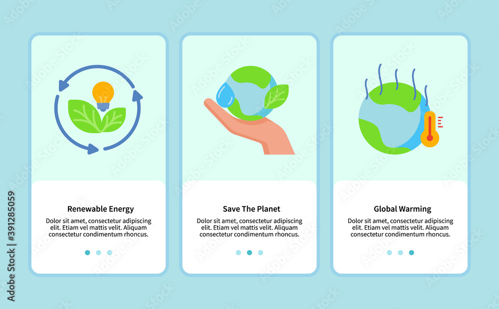Aufkleber renewable energy save the planet global warming onboarding for mobile app template ui web with flat 