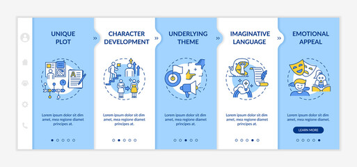 Creative writing elements onboarding vector template. Unique book plot. Character development during story. Responsive mobile website with icons. Webpage walkthrough step screens. RGB color concept