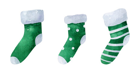 Watercolor set of Christmas green socks with various cute designs. Hand-drawn illustration. Winter new year elements isolated on white background. Perfect for your project,cards,prints,stickers, decor