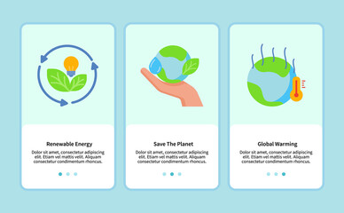 renewable energy save the planet global warming onboarding for mobile app template ui web with flat style