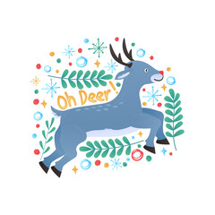 cute christmas sign and symbol with flat cute blue deer. christmas festive texture greetings card background. winter holiday background.