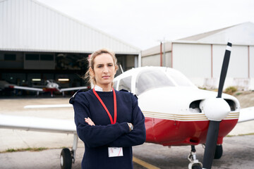 Young female pilot posing in front of her plane.