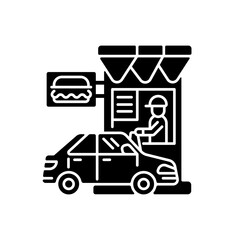 Drive through restaurant black glyph icon. Fast food cafe with car lane. Retail, commercial service. Buy burger. Take out junk food. Silhouette symbol on white space. Vector isolated illustration