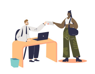 Woman filling contract on health insurance in clinic or hospital with insurance manager