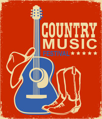 Retro Country music poster of acoustic guitar and cowboy American hat and boots. Vector music background with text on old grunge paper texture - 391285661