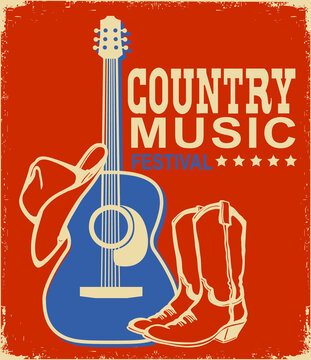 Retro Country music poster of acoustic guitar and cowboy American hat and boots. Vector music background with text on old grunge paper texture