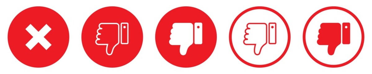 Dislike buttons set on white background. Unlike collection in red circle. Cross mark symbol. Isolated no and reject sign. Negative feedback with thumbs down. Vector EPS 10.