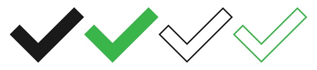 Checkmark tick collection on white background. Isolated right and correct symbol. Positive tick in black and green. Outline and bold done icons. Vector illustration of choice pictogram. EPS 10.